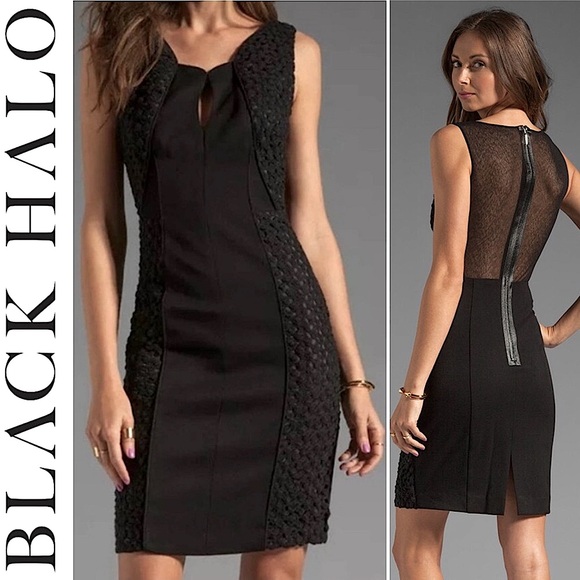 Black Halo Miranda Stretch Gab Crochet Lace Textured Mesh Sheath Dress Size 6 - Picture 1 of 16